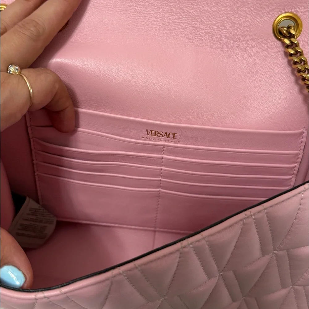 Versace Virtus Pink Quilted Crossbody Bag With Gold Chain - Picture 9 of 10